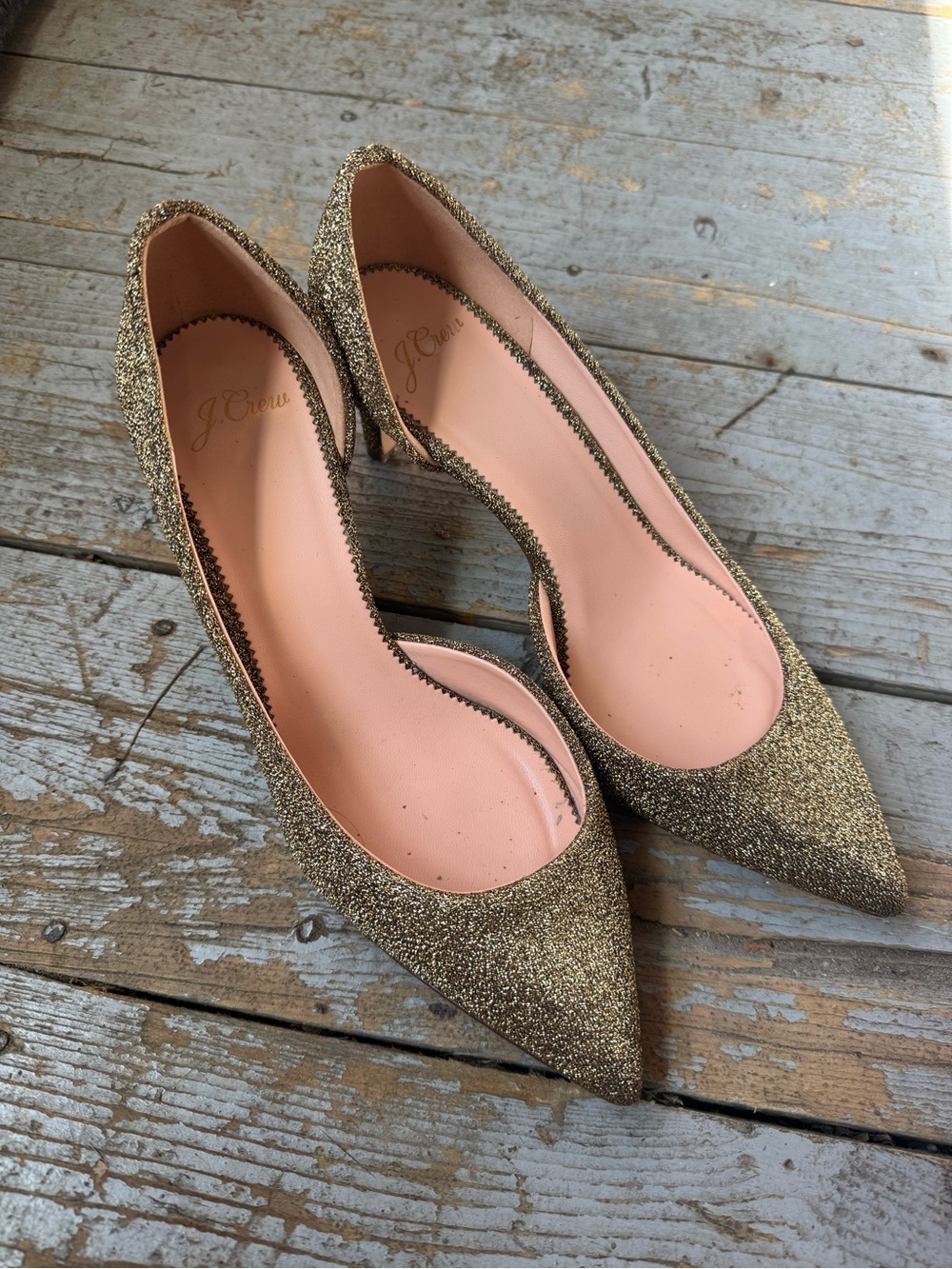 Jcrew gold sparkle pumps low heels d’orsay pointed toe kitten heels 8 leather
